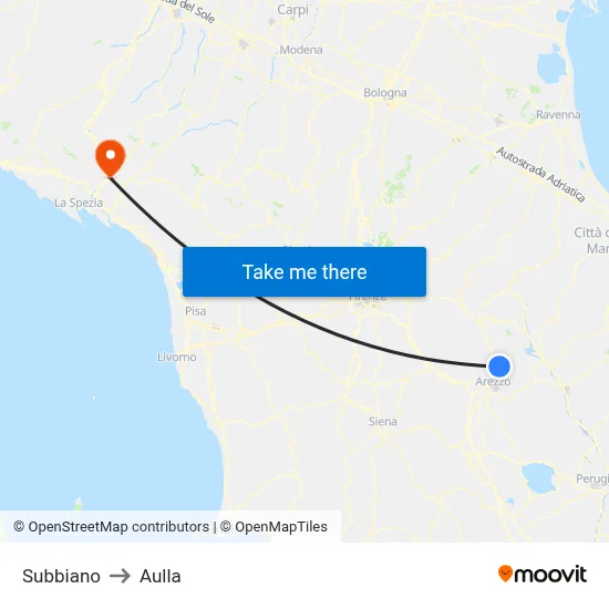 Subbiano to Aulla map
