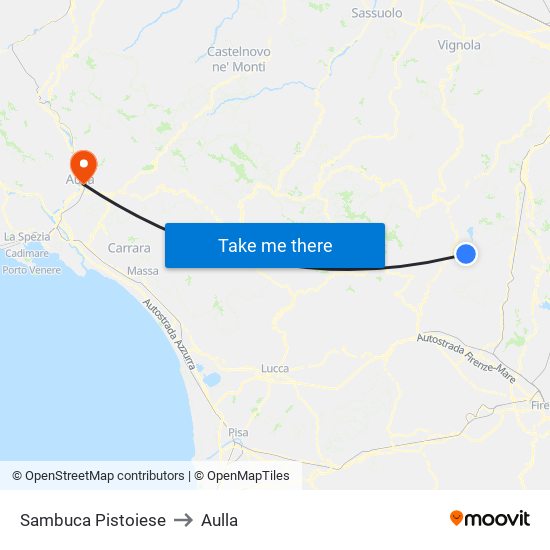 Sambuca Pistoiese to Aulla map