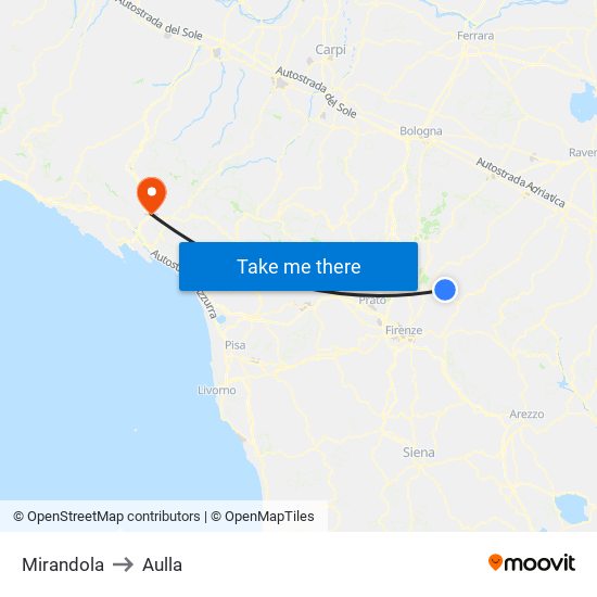Mirandola to Aulla map