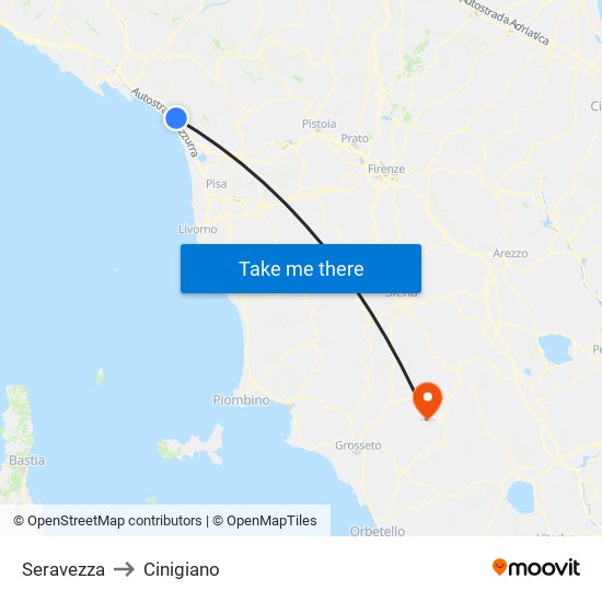 Seravezza to Cinigiano map