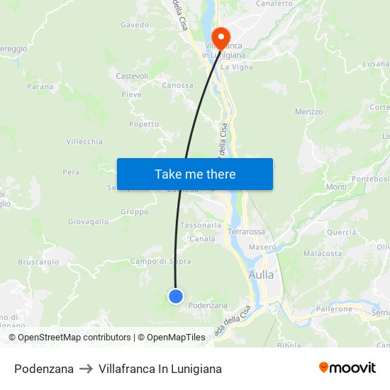 Podenzana to Villafranca In Lunigiana map