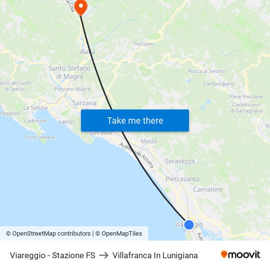 Viareggio Stazione FS to Villafranca In Lunigiana map