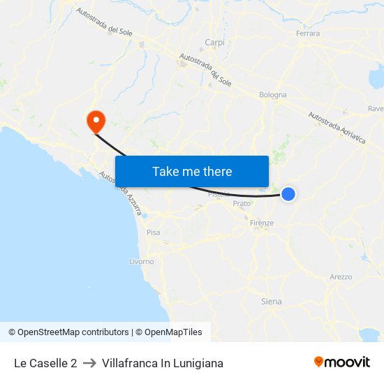Le Caselle 2 to Villafranca In Lunigiana map