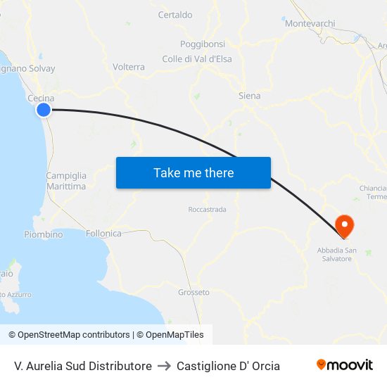 V. Aurelia Sud Distributore to Castiglione D' Orcia map