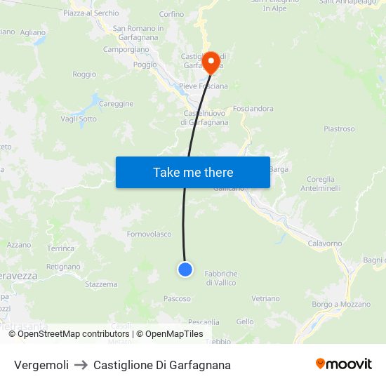 Vergemoli to Castiglione Di Garfagnana map