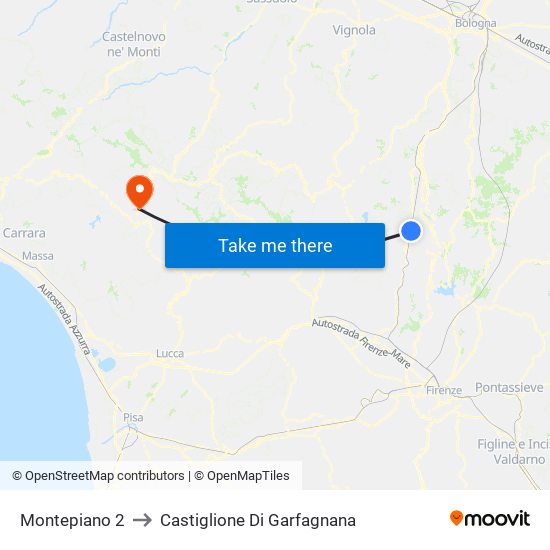 Montepiano 2 to Castiglione Di Garfagnana map