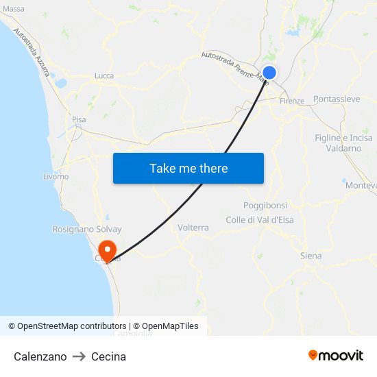 Calenzano to Cecina map