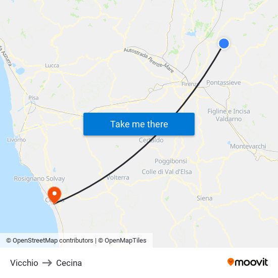 Vicchio to Cecina map