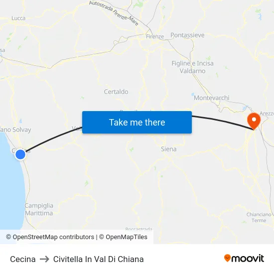 Cecina to Civitella In Val Di Chiana map