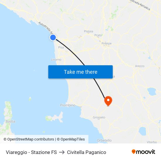 Viareggio Stazione FS to Civitella Paganico map