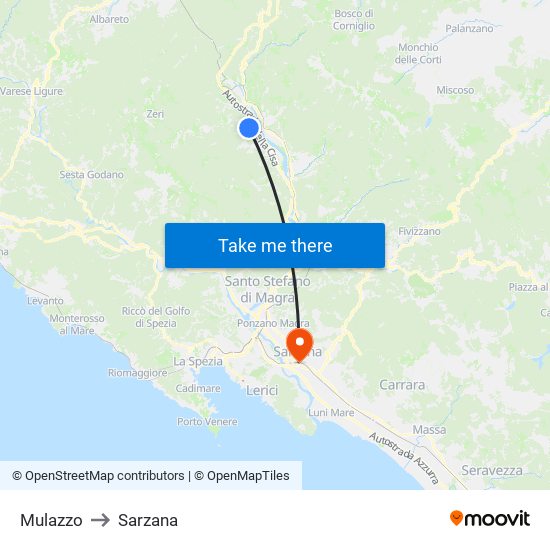 Mulazzo to Sarzana map