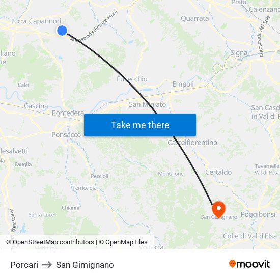 Porcari to San Gimignano map