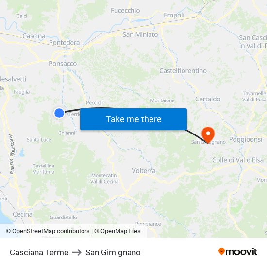 Casciana Terme to San Gimignano map