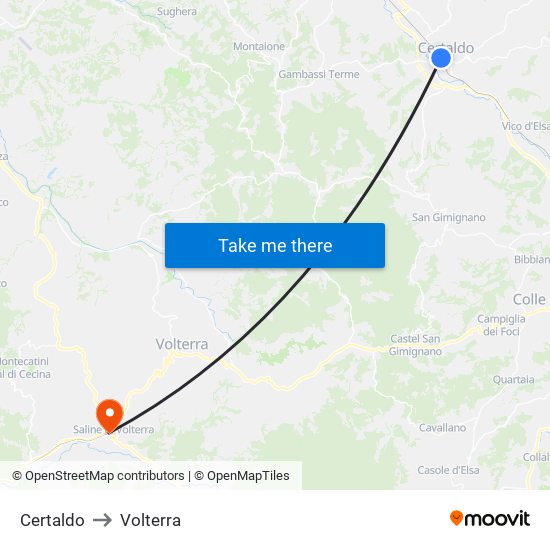 Certaldo to Volterra map