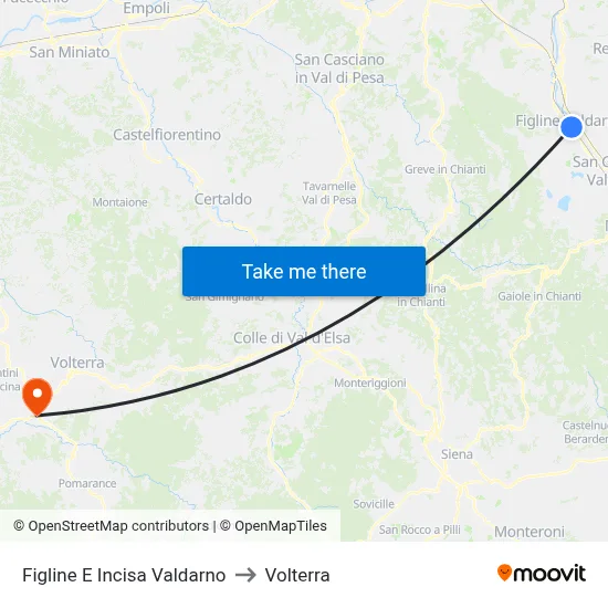 Figline and Incisa Valdarno to Volterra map