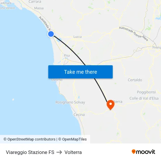 Viareggio Stazione FS to Volterra map