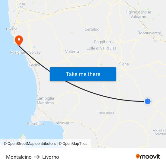 Montalcino to Livorno map