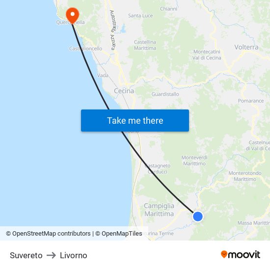 Suvereto to Livorno map