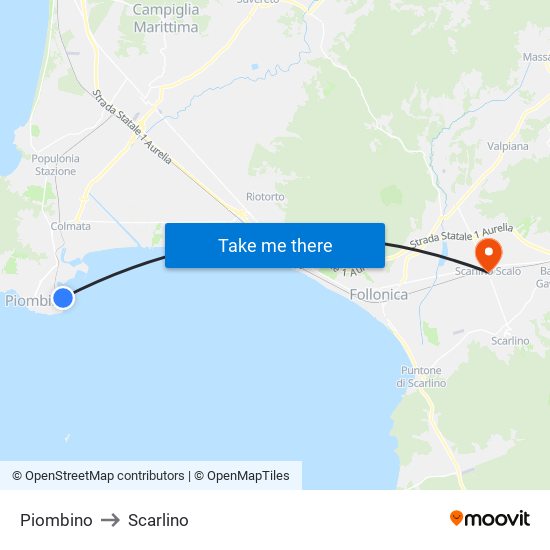 Piombino to Scarlino map