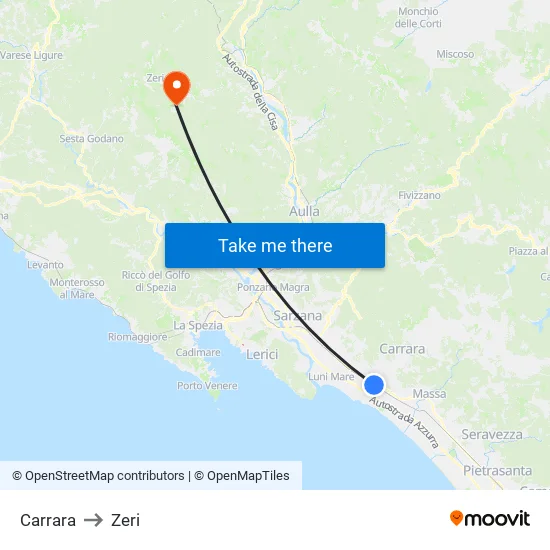 Carrara to Zeri map