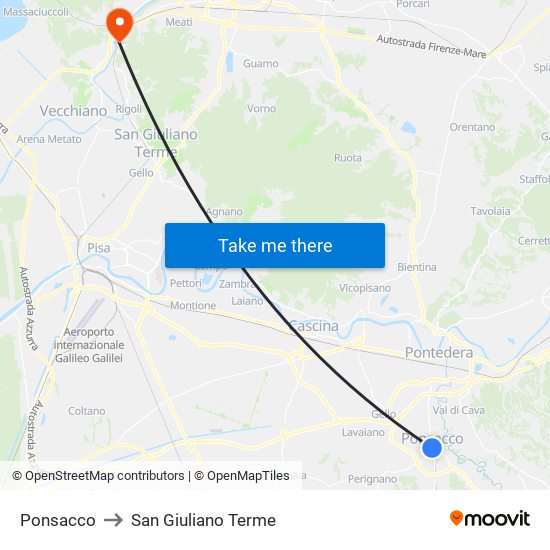 Ponsacco to San Giuliano Terme map