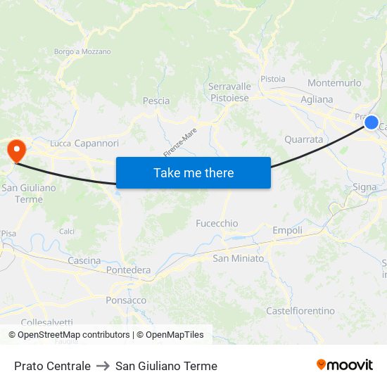 Prato Centrale to San Giuliano Terme map