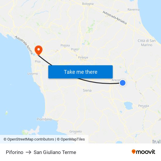 Piforino to San Giuliano Terme map
