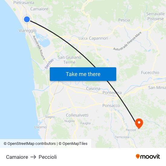 Camaiore to Peccioli map