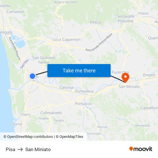 Pisa to San Miniato map
