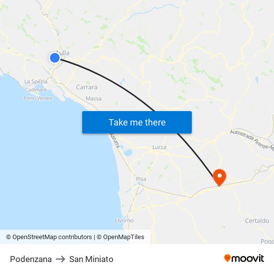 Podenzana to San Miniato map