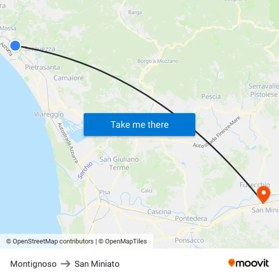 Montignoso to San Miniato map