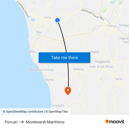 Porcari to Monteverdi Marittimo map