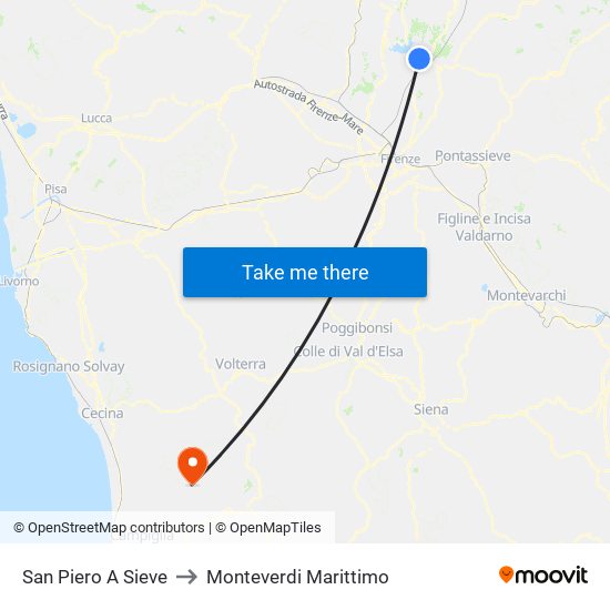 San Piero A Sieve to Monteverdi Marittimo map