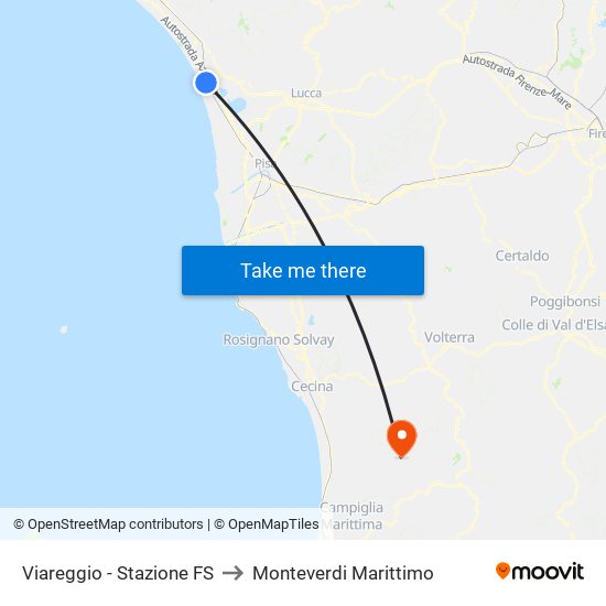 Viareggio Stazione FS to Monteverdi Marittimo map