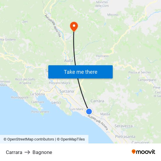 Carrara to Bagnone map