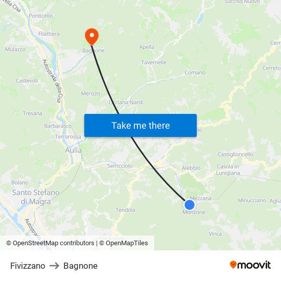 Fivizzano to Bagnone map