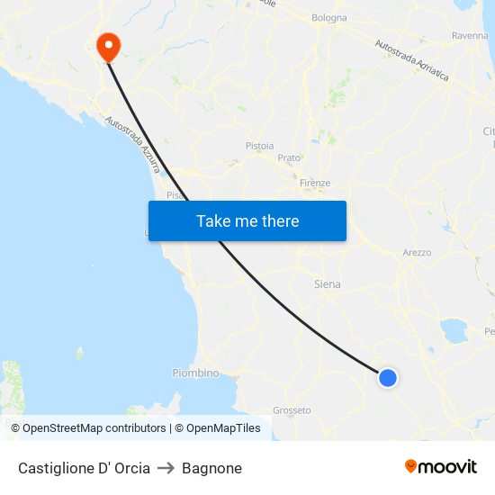 Castiglione D' Orcia to Bagnone map