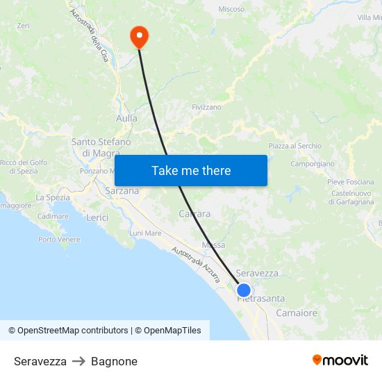 Seravezza to Bagnone map