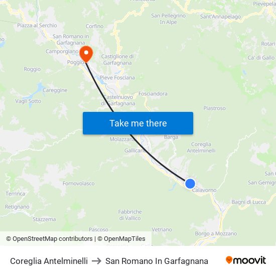 Coreglia Antelminelli to San Romano In Garfagnana map