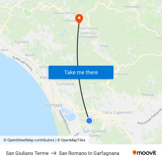 San Giuliano Terme to San Romano In Garfagnana map