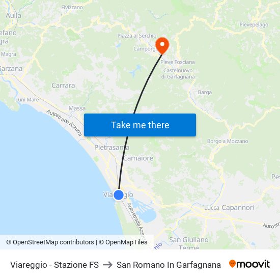 Viareggio Stazione FS to San Romano In Garfagnana map