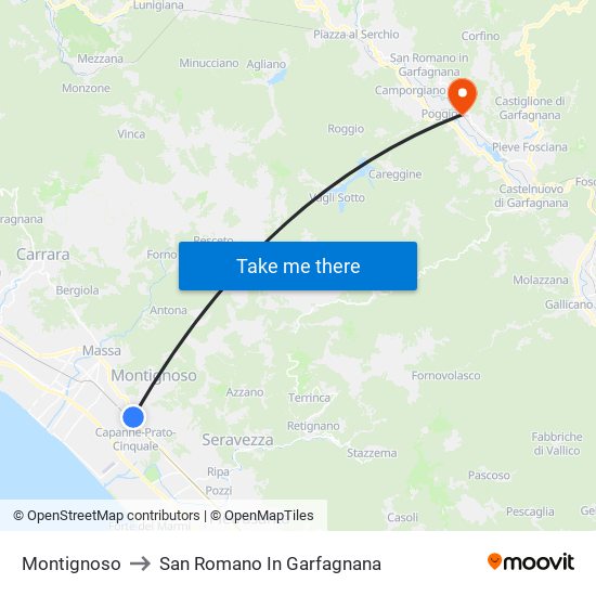 Montignoso to San Romano In Garfagnana map