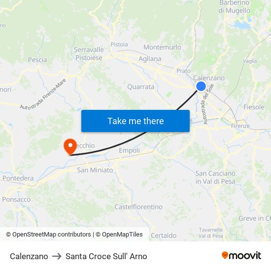 Calenzano to Santa Croce Sull' Arno map