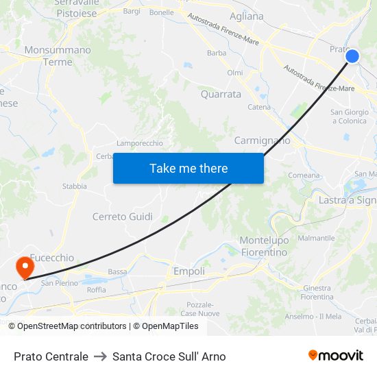 Prato Centrale to Santa Croce Sull' Arno map