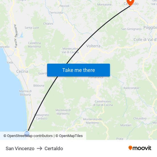 San Vincenzo to Certaldo map