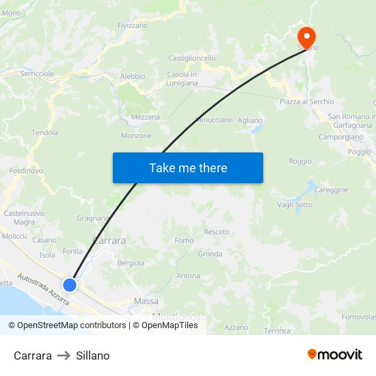 Carrara to Sillano map