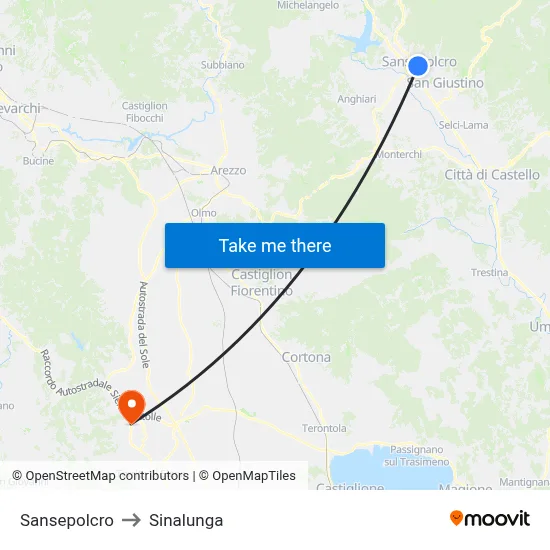 Sansepolcro to Sinalunga map