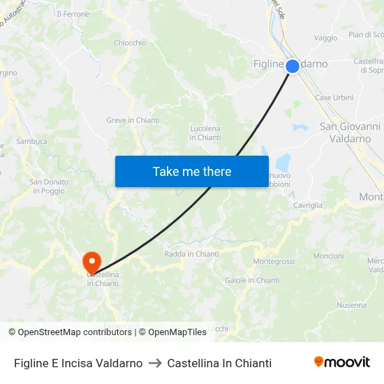Figline and Incisa Valdarno to Castellina in Chianti map
