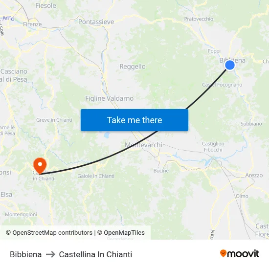 Bibbiena to Castellina in Chianti map