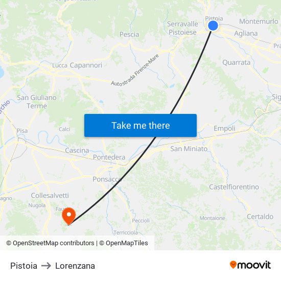 Pistoia to Lorenzana map